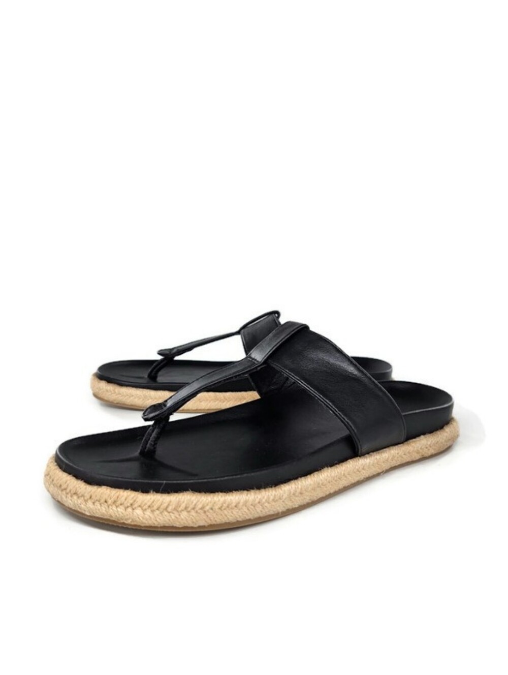 Joie Nacho Black Vegan Slide-On Thong Braided Jute Espadrille Flat Sandals